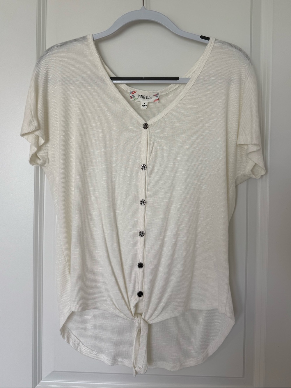 Pink Rose Ivory Button-Front Tie Hem Short Sleeve Top